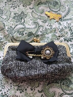 Joe Browns Black Tweed Clutch with Gold Filigree Brooch